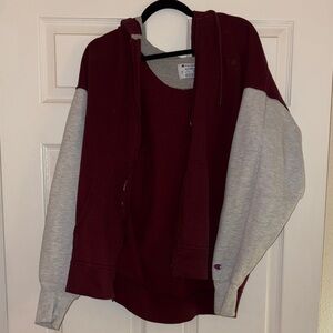 Champion Women's Burgundy and Light Gray Hoodie